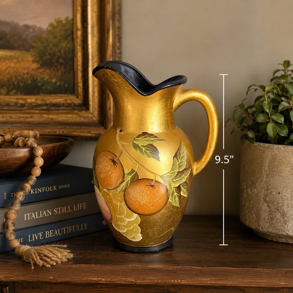 VTG Gold Gilt Hand Painted Fruit Pitcher Vase Stoneware Japan Style 9.5" Tall